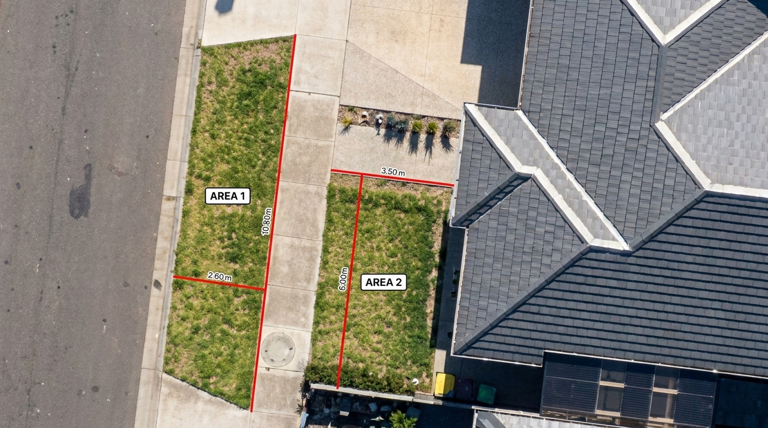 Aerial view of a house showing two lawn areas measured — Area 1 at 10.80m × 2.60m and Area 2 at 3.50m × 6.00m